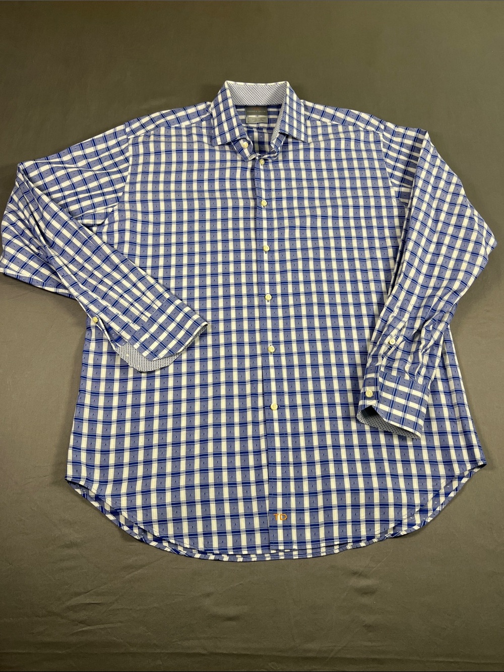 Thomas Dean Blue and White Check Dress Shirt
